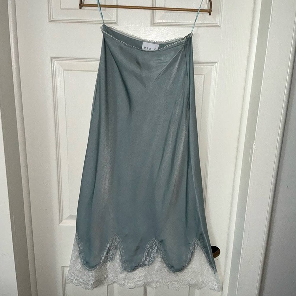 MABLE Satin Blue Skirt with White Lace Trim. Size Small.